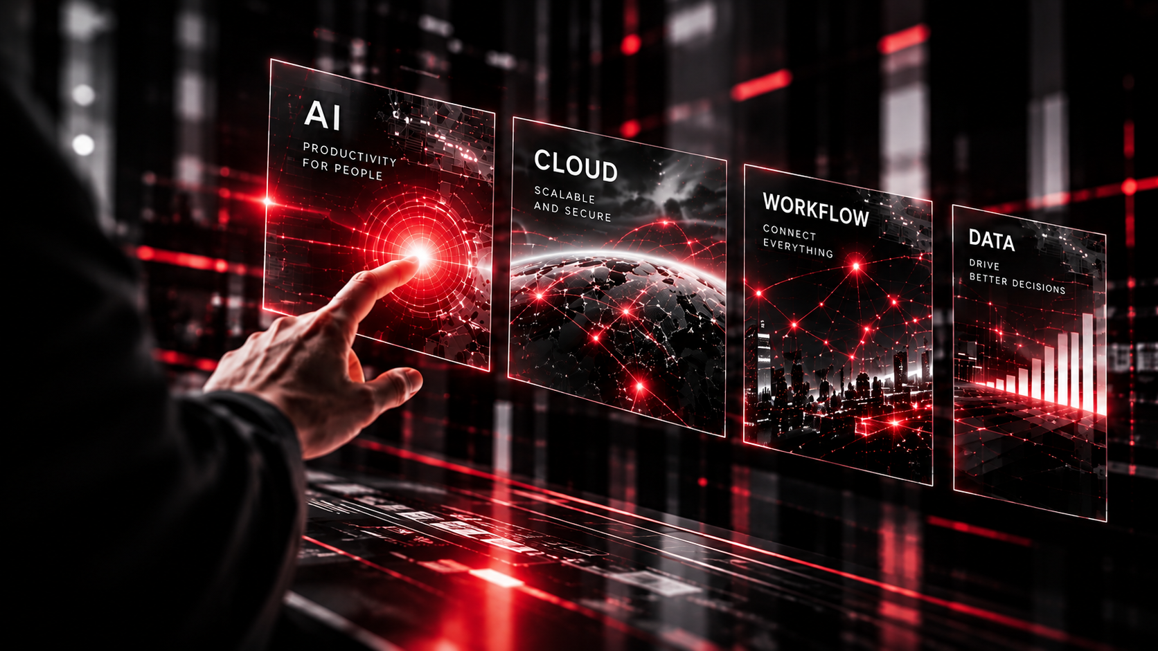 AI・クラウド・ワークフロー・データ活用を表現したビジネスイメージ