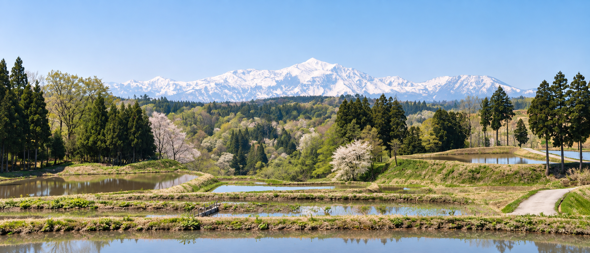 上越の棚田と残雪の山並み
